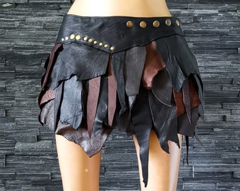 Dream Warriors black & brown leather wrap/mini skirt. Ragged. Tribal pagan barbarian viking cosplay halloween costume, festival fashion