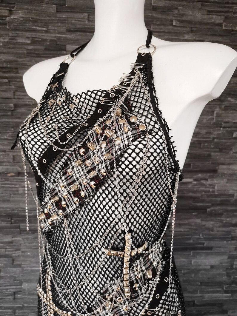 Black Studded Fishnet Mesh Halter Top. Punk Rock Goth Rave Style ...