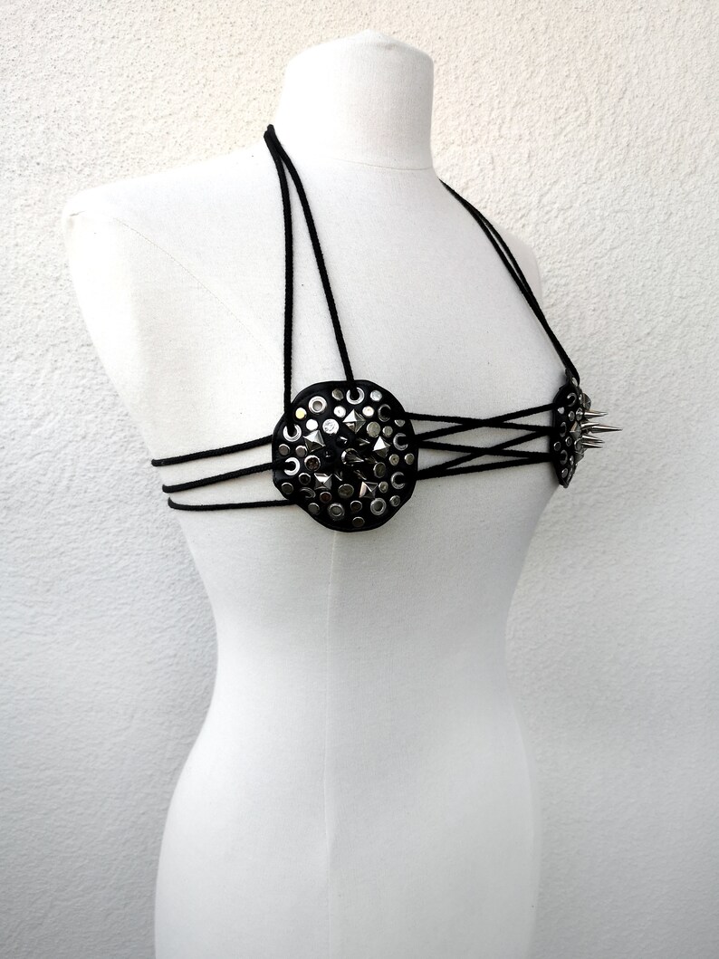 Bondage fetish kinky burning man festival fashion spiked Studded Dream Warriors black leather lace up branipple pastiesbikini top