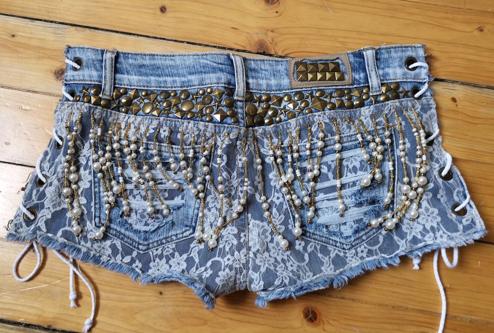 Dream Warriors Blue Denim and White Lace Cut off Booty Shorts. | Etsy