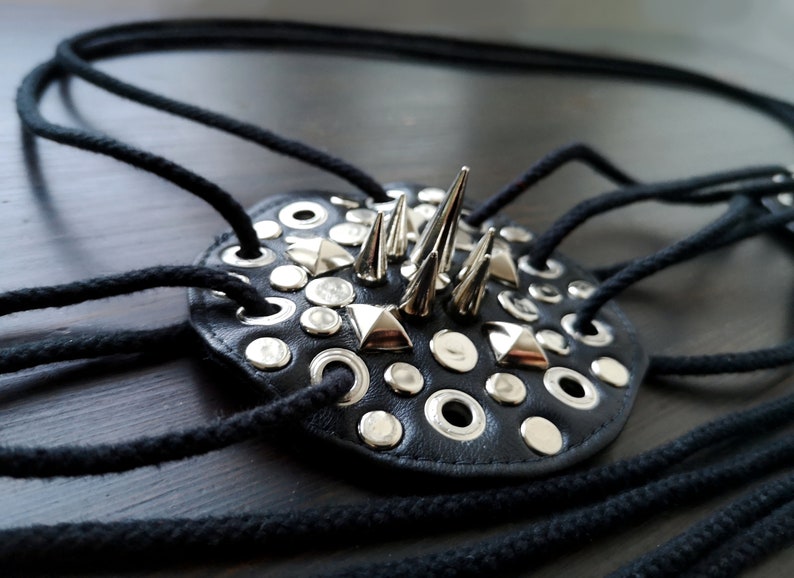 Bondage fetish kinky burning man festival fashion spiked Studded Dream Warriors black leather lace up branipple pastiesbikini top