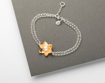 Gold Vermeil Daffodil Pearl Silver Bracelet