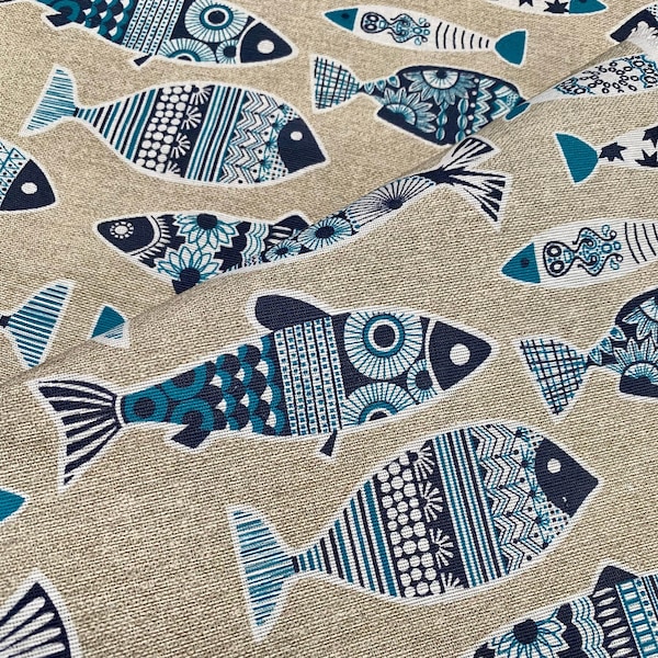 Blue Fish Marine Fabric Linen Look Home Decor Curtain Upholstery Material - 140cm or  55" Wide Canvas
