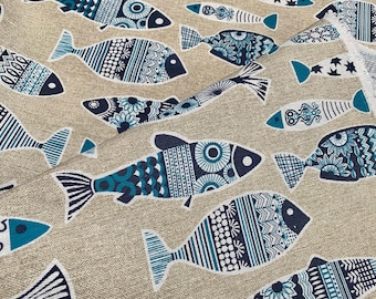 Blue Fish Marine Fabric Linen Look Home Decor Curtain Upholstery Material - 140cm or  55" Wide Canvas