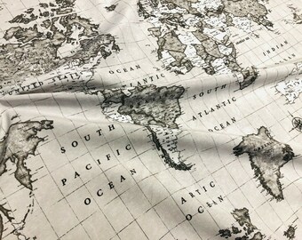 Fryetts World Map Beige Cotton Fabric
