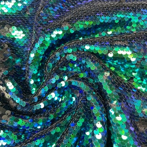 TESSUTO MERMAID con Paillettes Reversibili 5mm - Bicolore Verde Iridescente & Nero - Larghezza 130cm
