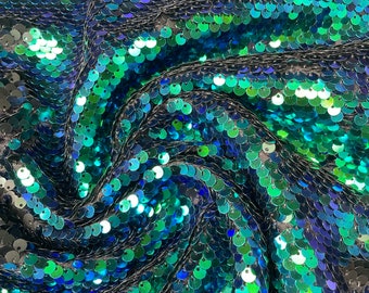 MERMAID Reversible 5mm Sequin Fabric Flip Two Tone Material - 130cm wide -  Iridescent Green & Black sequins