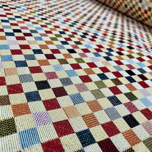 Teflon Woven Squares Gobelin Outdoor Dralon Fabric Home Decor Tapestry Material for Curtains, Upholstery  - 55&quot;/140cm Wide - Multicolour