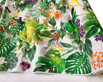 Tissu d'ameublement en coton tropical toucan avec oiseau / impression numérique botanique feuille de palmier banane jardin / 140 cm de large