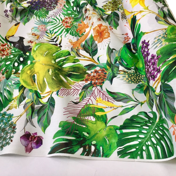 Tropische toekan vogel stof gordijn bekleding katoen materiaal / botanische palmblad bananentuin digitale print stof / 140cm of 55" breed