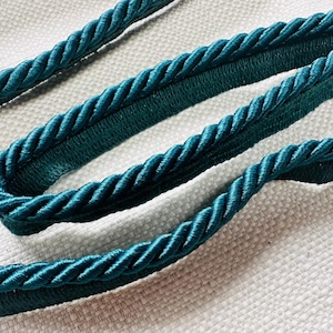 May include: Teal braided trim with a flat, woven edge. This trim is perfect for adding a touch of elegance to any project.