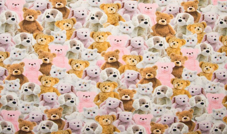 May include: A fabric with a repeating pattern of stuffed animals. The animals are pink, brown, and white and include bears, dogs, and cats.
