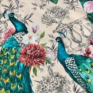 Peacock Bird Fabric - Floral Pink Peony Garden Furnishing, Curtains, Upholstery Material - 55"/140cm Wide - Cream & Turquoise
