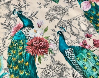 Peacock Bird Fabric - Floral Pink Peony Garden Furnishing, Curtains, Upholstery Material - 55"/140cm Wide - Cream & Turquoise