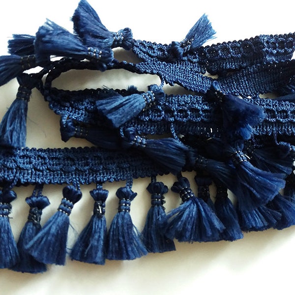Fringe Tassel Trim Garland, Bobble Ribbon, Tape with Tassels for curtains fabric craft - any length - NAVY BLUE
