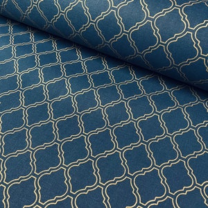 Tessuto Damascato Marocchino Oro – Blu Navy – Per Tende, Tappezzeria & Arredo – 140 cm di Larghezza