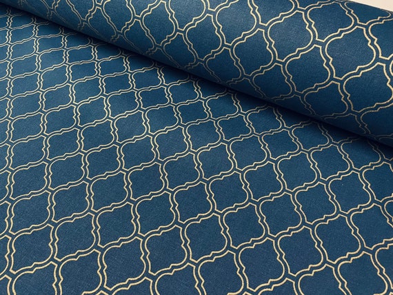 Gold Moroccan Arabic Damask Fabric Navy Blue Curtains Upholstery