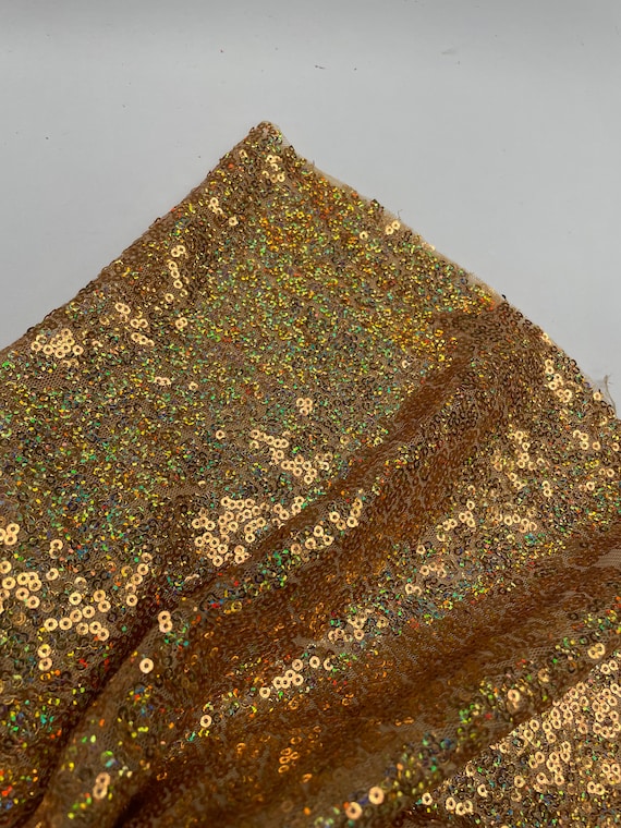3mm Mini Sequins Fabric Material - 1 way stretch - 120cm or 47'' wide - Sparkling Paillettes - Iridescent Gold Hologram