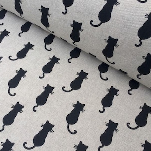 BLACK CATS Upholstery Curtain Cotton Fabric Material - 55&quot;/140cm wide - black dogs animal deco canvas - Black Cream