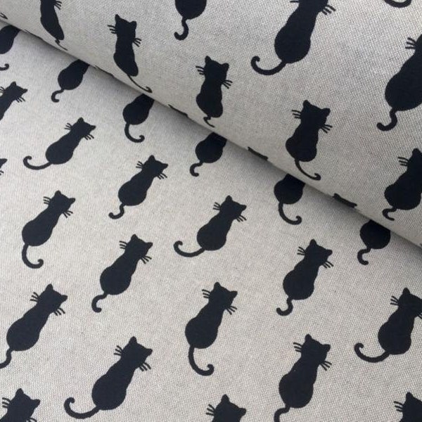 BLACK CATS Upholstery Curtain Cotton Fabric Material - 55"/140cm wide - black dogs animal deco canvas - Black Cream