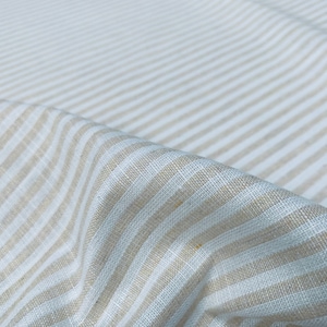 Candy Stripe Linen Fabric Light Cotton Material Cute Striped White Lines Home Decor, Dressmaking - 59&quot; or 150cm wide - Cream