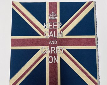 KEEP CALM Corona Union Jack Bandera Retro Lino Aspecto Jacquard Gobelino Pesado Tapicería Panel Cojín Tela Bandera del Reino Unido 70 x 70 cm o 27'' x 27''