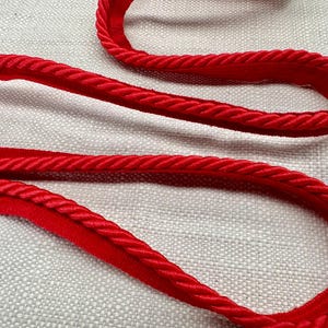 May include: Red braided trim with a velvet-like texture. The trim is thick and has a rope-like appearance.