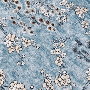 BLUE Japanese Sakura Blossom Cherry Floral Twill Curtain Fabric Oriental Furnishing Material - 55&#39;&#39; wide textile