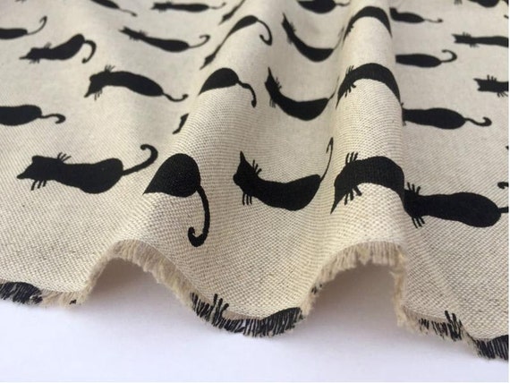 BLACK CATS ON NATURAL LINEN LOOK COTTON CRAFT BAG CURTAIN UPHOLSTERY 140cms WIDE 
