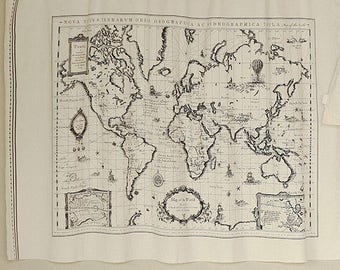 Tela Tapiz Vintage Mapa del Mundo – Panel de Lino y Algodón – Cortinas, Decoración, Tela de Tapicería – 175cm x 45cm
