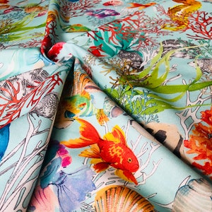 Aqua Sea World Coral Reef Fabric Curtain Upholstery Cotton Material - Marine Teal Seahorse Shell Red Corals - 110&quot; or 280cm Extra Wide