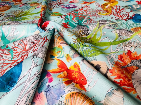 Aqua Sea World Coral Reef Fabric Curtain Upholstery Cotton