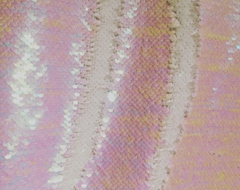 Mermaid Reversible 5mm Sequin Fabric Flip Two Tone Stretch Material - 130cm wide - Iridescent Pink & White sequins