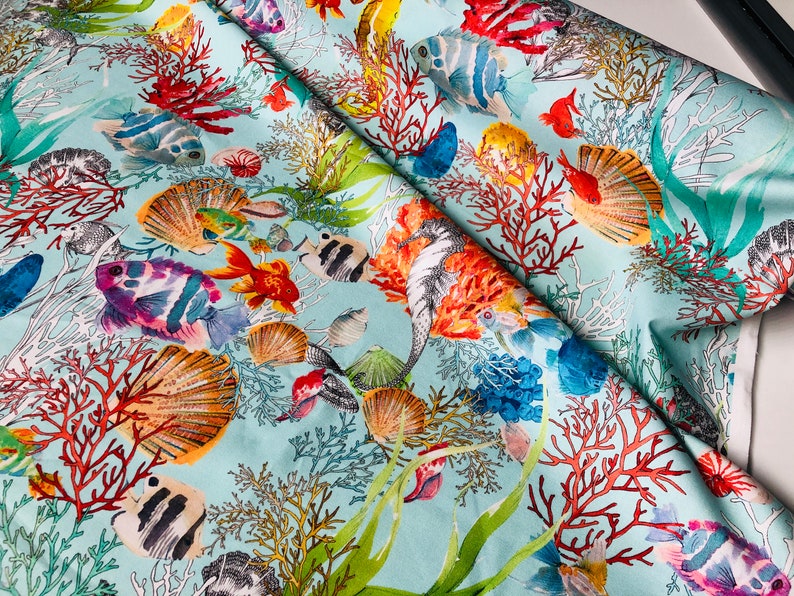 Aqua Sea World Coral Reef Tissu Rideau Tapisserie d'ameublement Coton Matériel Sea Teal Shell Red Corals 280cm Wide image 7