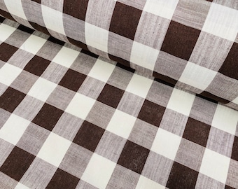 Gingham Linen Checked Linen Fabric Plaid Material Buffalo Check Cotton Yarn Tartan - 59" or 150cm wide - Dark Brown & White