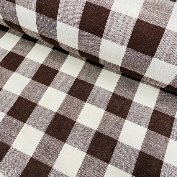 Gingham Linen Checked Linen Fabric Plaid Material Buffalo Check Cotton Yarn Tartan - 59" or 150cm wide - Dark Brown & White