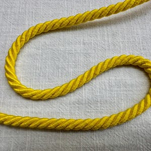 May include: A bright yellow twisted cord trim featuring a smooth, satin-like finish. The cord is arranged in a gentle, flowing curve, showcasing its uniform, spiraled construction and vibrant, saturated color throughout the entire length.
