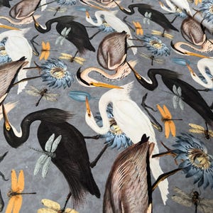 Heron Velvet Fabric – Birds Dragonfly Lily Print – Upholstery Home Decor Cushion Curtain Material – 152cm or 59&quot; Wide - Grey