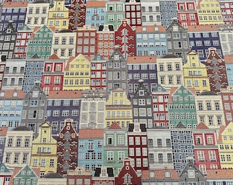 Tela Tapiz Gobelino Casas de Ámsterdam – Estilo Holandés para Cojines, Cortinas, Decoración – 140 cm / 55" – Multicolor