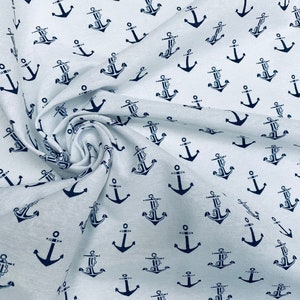 Small Anchor Fabric - Curtains, Upholstery, Dress Material - Ocean Marine Design - 140 cm Wide Textile - White