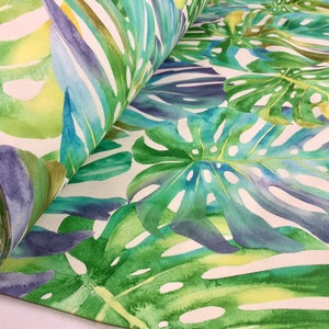 Tessuto Foglie di Palma Tropicali – Stampa Fogliame in Cotone – Tende, Decorazione Casa, Tappezzeria – 140cm di Larghezza – Viola