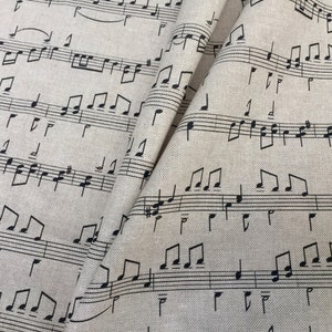 Tessuto di cotone con piccole note musicali, stampa di note musicali, materiale per tende e tappezzeria per la casa, larghezza 140 cm (55"), tela nera e crema