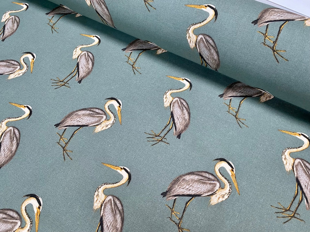 Heron Bird Print Linen Look Fabric Home Decor Upholstery Curtain Cotton ...