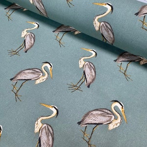 Heron Bird Print Linen Look Fabric Home Decor Upholstery Curtain Cotton Material 55" or 140cm Wide Grey Green