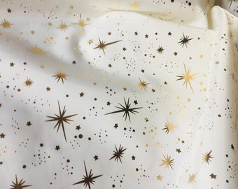 ICE STAR Silk Taffeta fabric nylon material Taffeta Foil Gold Stars - 55"/ 140cm wide - CREAM