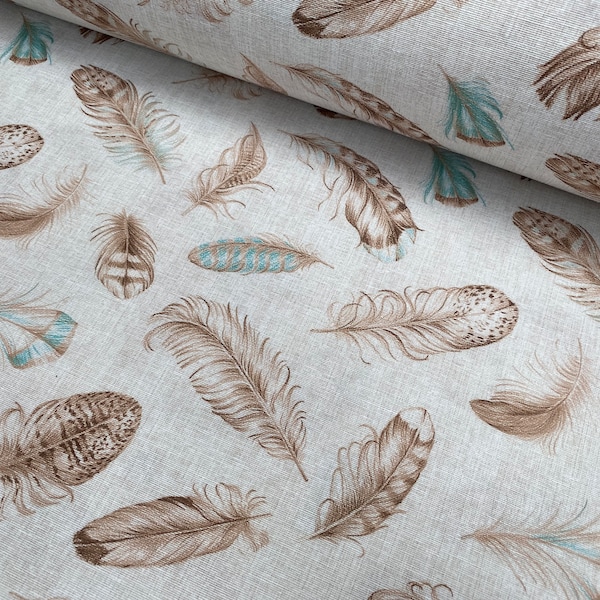 Feathers Fabric Falling Wing Feather Canvas - Curtains, Upholstery, Dress Material - 140 cm or 55" Wide Textile - Beige Turquoise