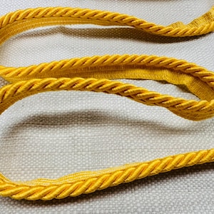 May include: A close-up of a yellow braided rope trim. The trim is thick and has a woven texture.