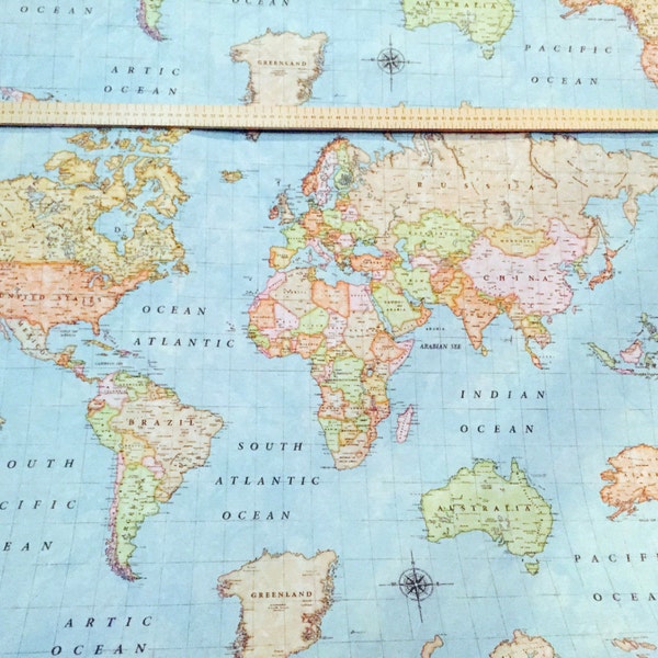 World Map Sky Blue 3 Designer Fabric Curtains Upholstery Dress Cotton Material - Globe Travel Print Canvas - 55"/140cm Wide