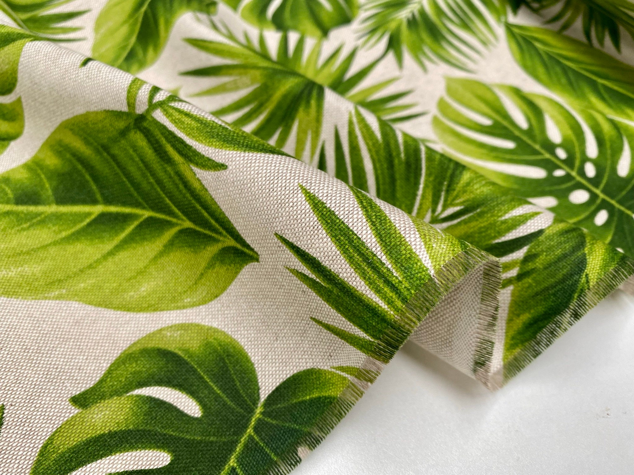 Decor for Etsy Curtain Green Leaf Linen Home 55 Upholstery Leaves - Canvas Fabric Tropical 140cm Material Look Wide Palm