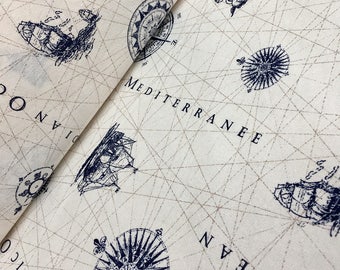 Nautical MARINE MAP Print Fabric - Curtains, Dress, Upholstery Material - Ocean Anchor Compass Textile - 135cm Wide - Navy Blue, Cream